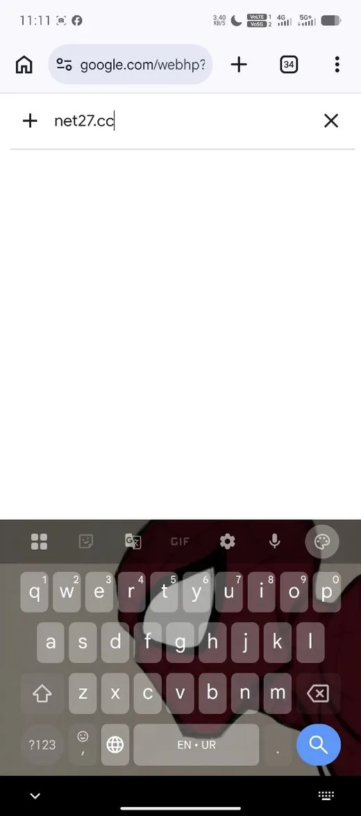 Typing net27.cc into the Chrome address bar on Android.