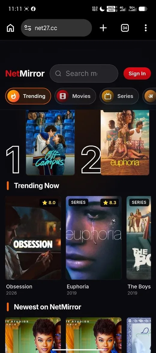 NetMirror home on Android Chrome with Top 10 and Trending.